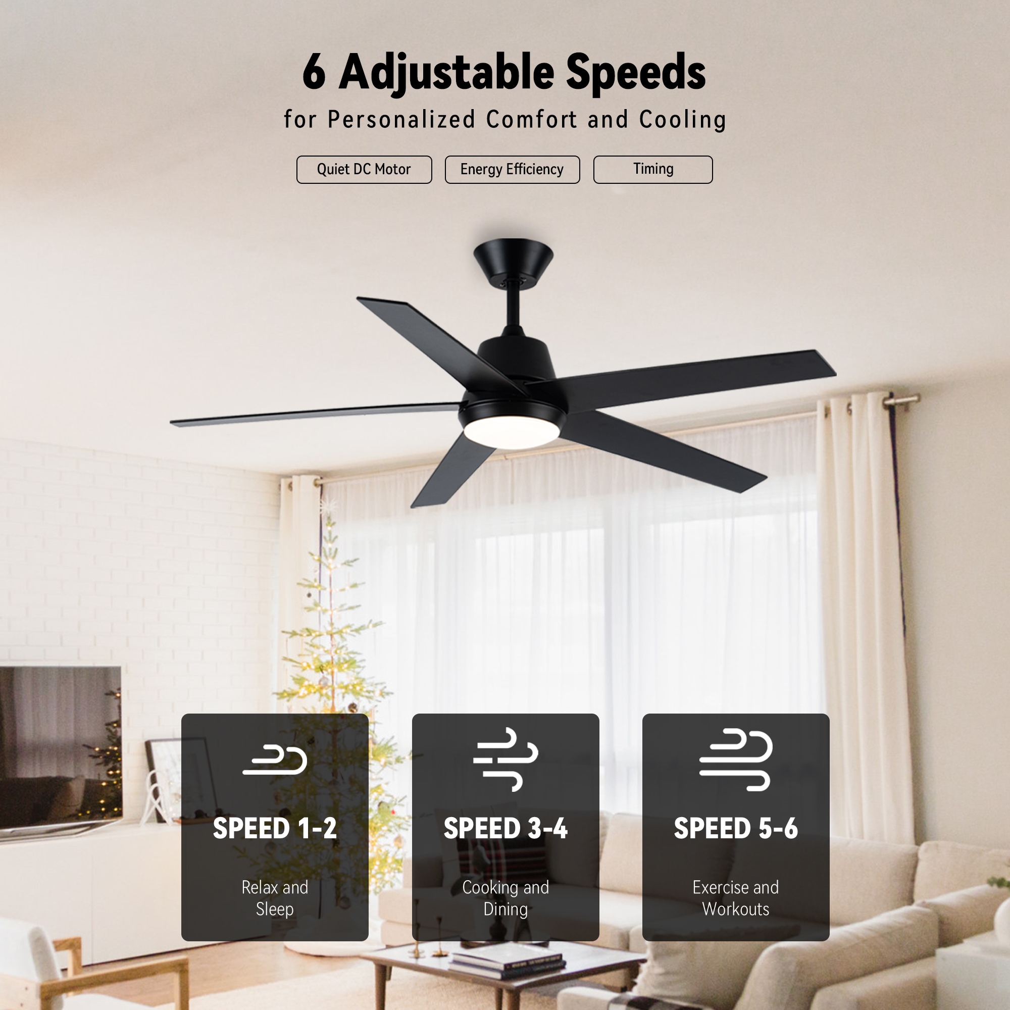 52-in Integrated LED Matte Black with Black Blades Ceiling Fan With Light and Remote ( 5 -Blade ) - Image 3