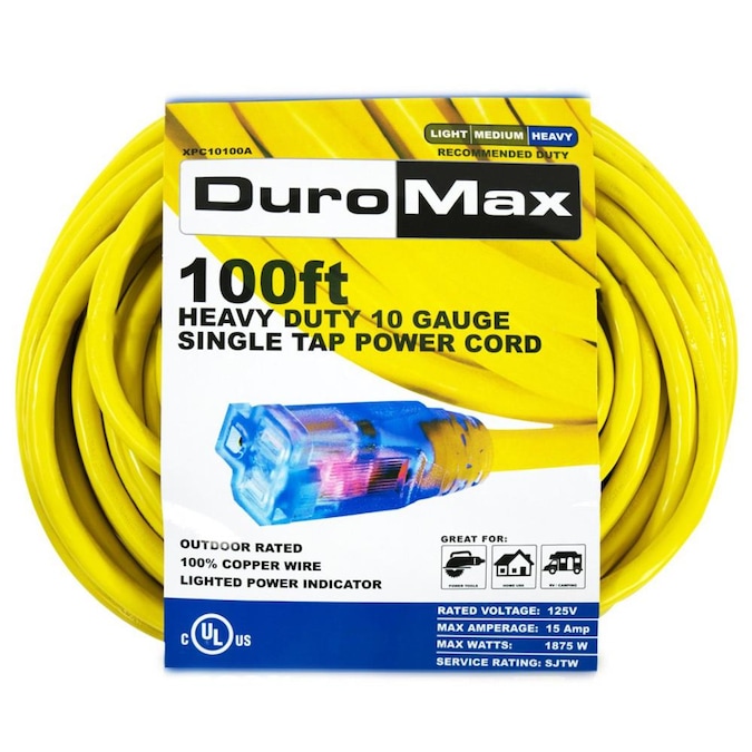 DuroMax 100-ft 10/1 3 Prong Yellow Indoor/Outdoor Heavy Duty Lighted ExtenSion Cord
