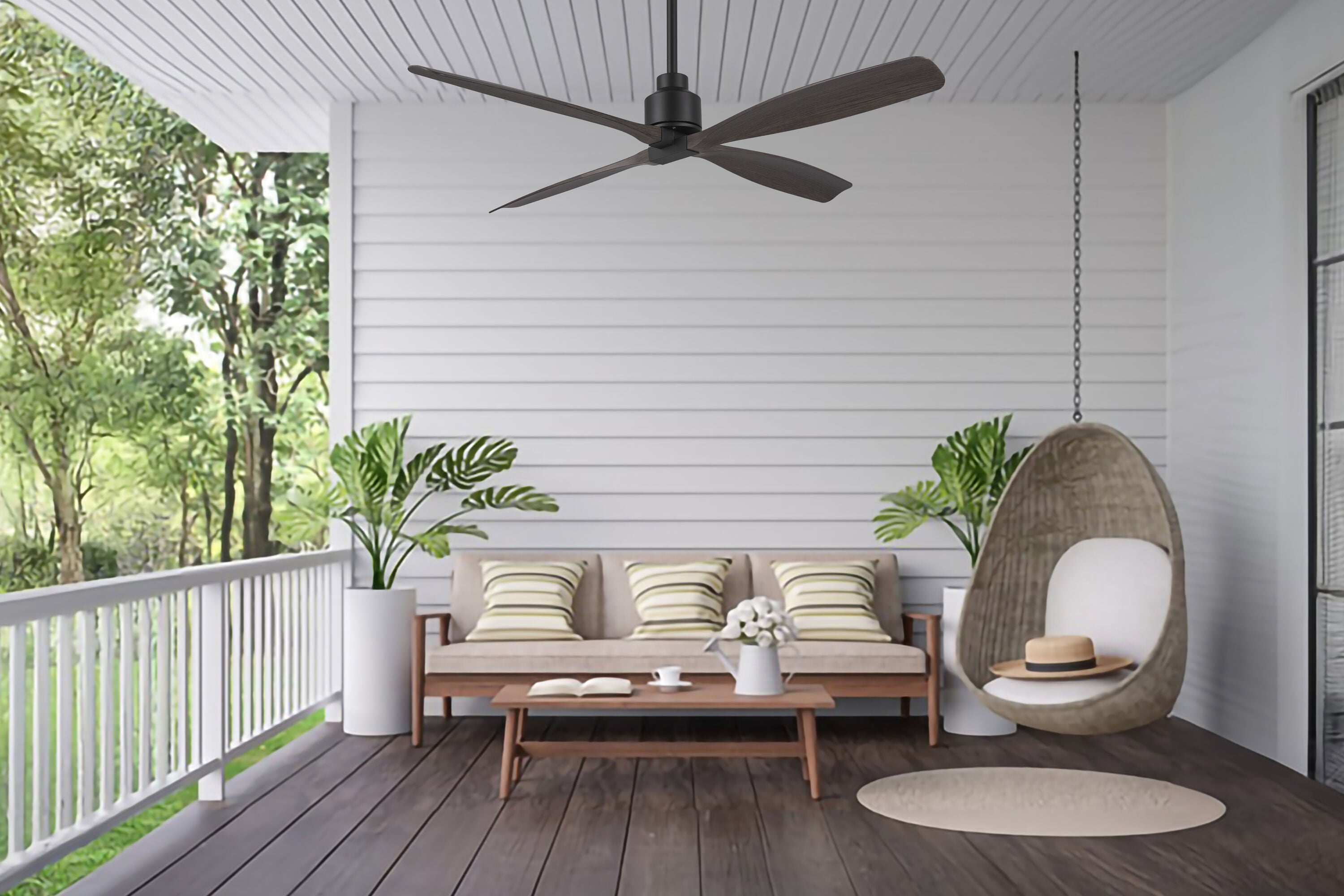 Shorehaven 56-in Outdoor Matte Black with Dark Teak Blades Ceiling Fan Without Light - Remote Included ( 4 -Blade ) - Image 12