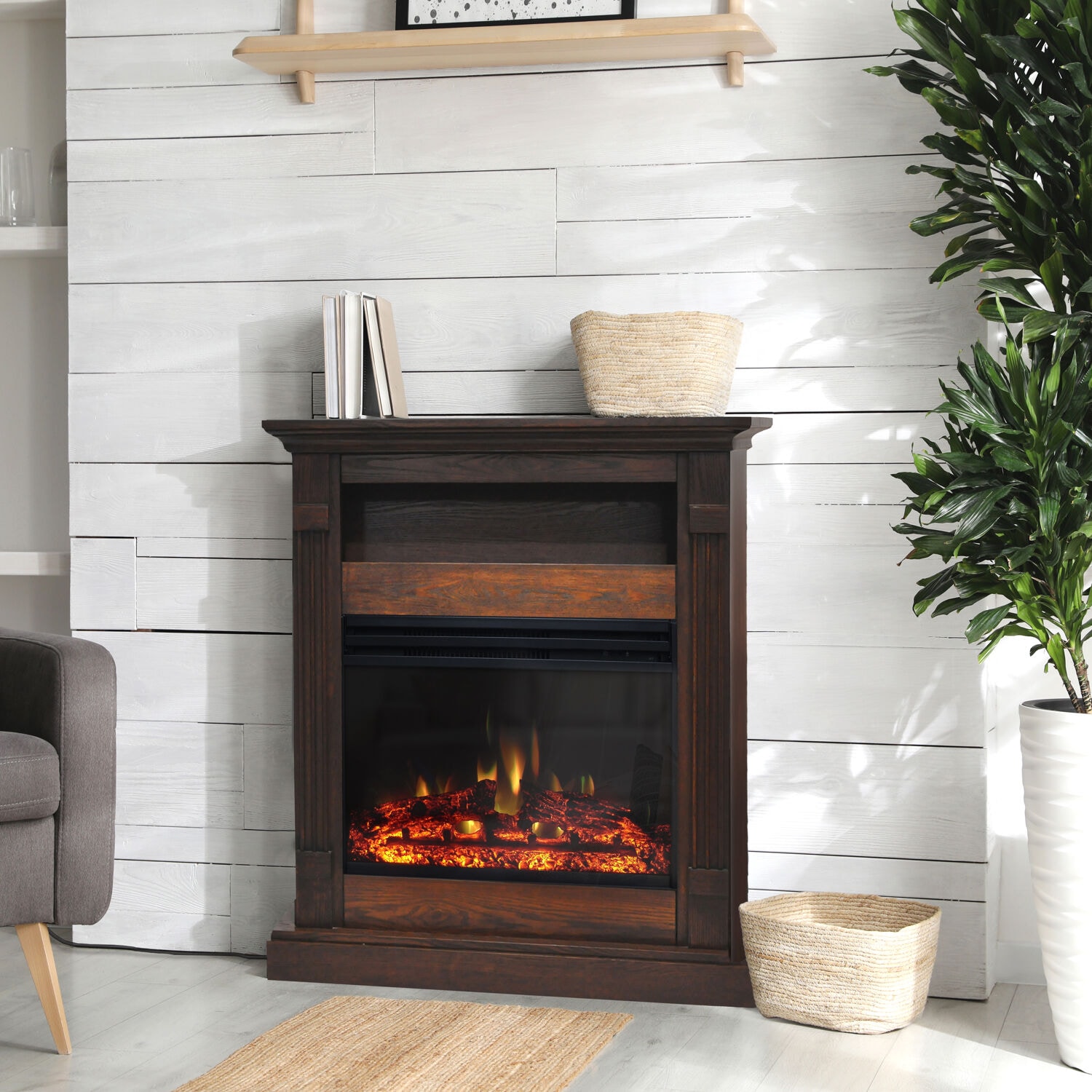 33.9-in W Walnut Free standing Fan-forced Flat wall Electric Fireplace with Remote Control Included - Image 10