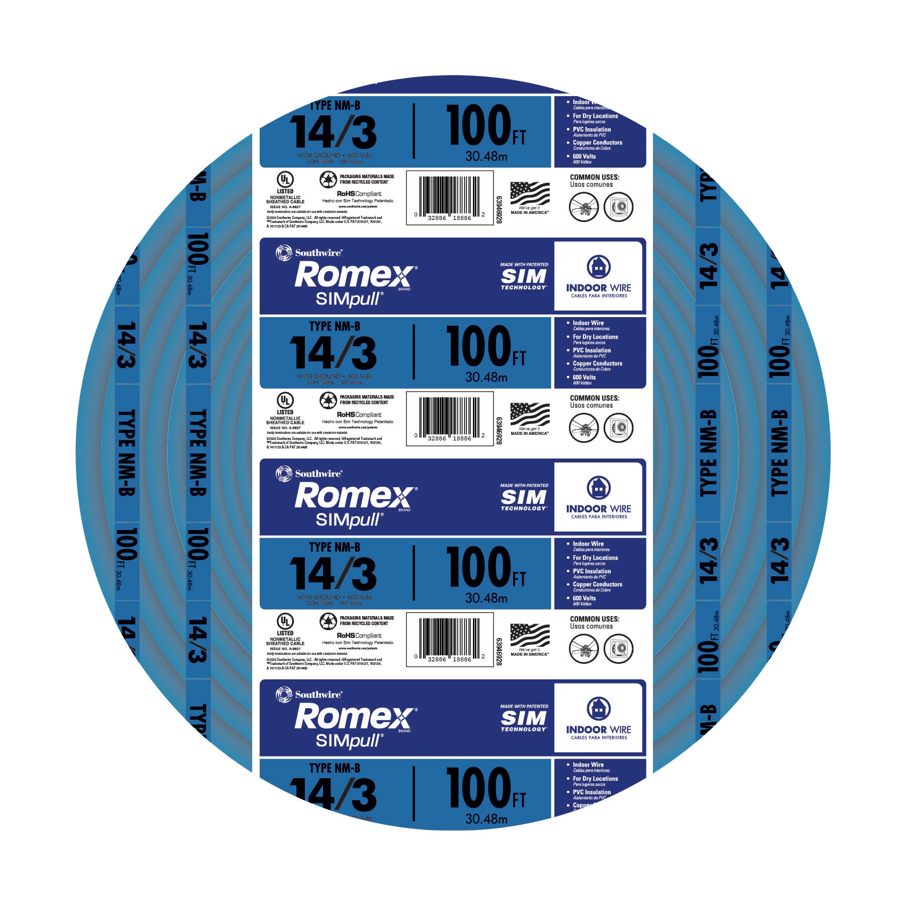 100-ft 14 / 3 / Romex SIMpull Solid Indoor CU NM-B W/G Individual pack ( By-the-roll )