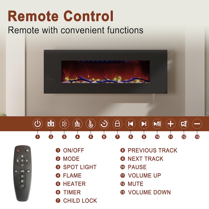 Mondawe 50-in W Black Fan-forced Wall-mount Electric Fireplace with Remote Control Included - Image 5