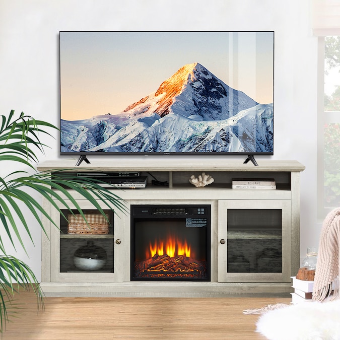 Sunrinx 60-in W Gray TV Stand with Fan-forced Flat Wall Electric Fireplace with Remote Control Included