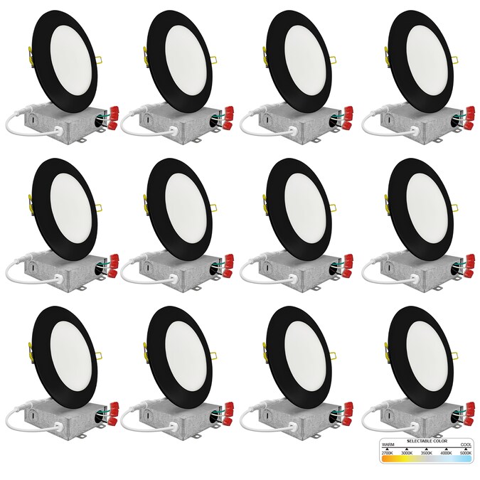 NUWATT Ultra Slim Airtight IC Black 4-in 630-Lumen Switchable Round Dimmable LED Canless Shower Recessed Downlight (12-Pack)