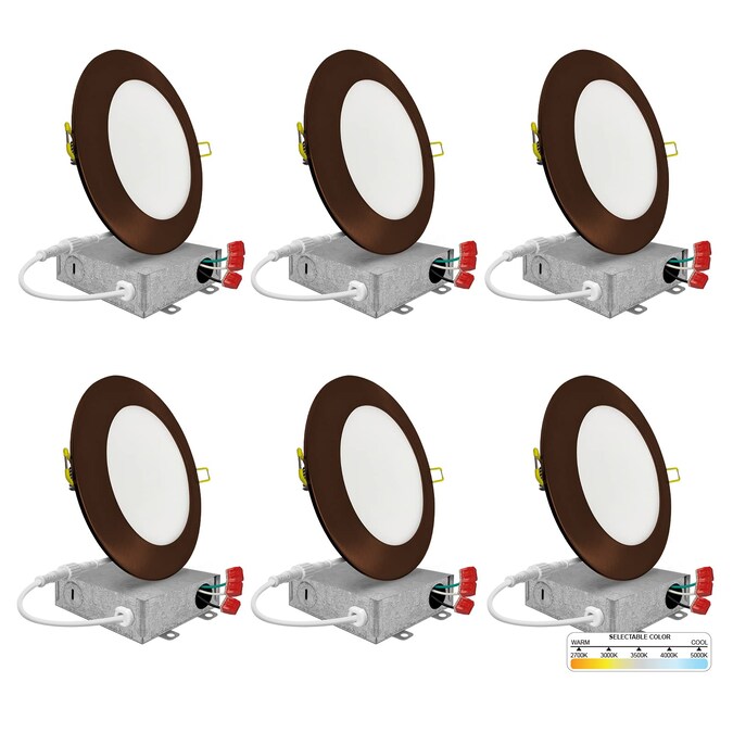 NUWATT Ultra Slim Airtight IC Bronze 4-in 630-Lumen Switchable Round Dimmable LED Canless Shower Recessed Downlight (6-Pack)