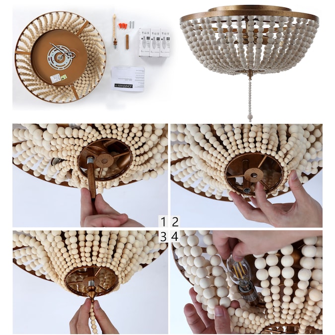 JONATHAN Y Allison Wood Beaded/Metal Shabby Chic Farmhouse 3-Light 15-in Antique White Led, Flush Mount Light - Image 9