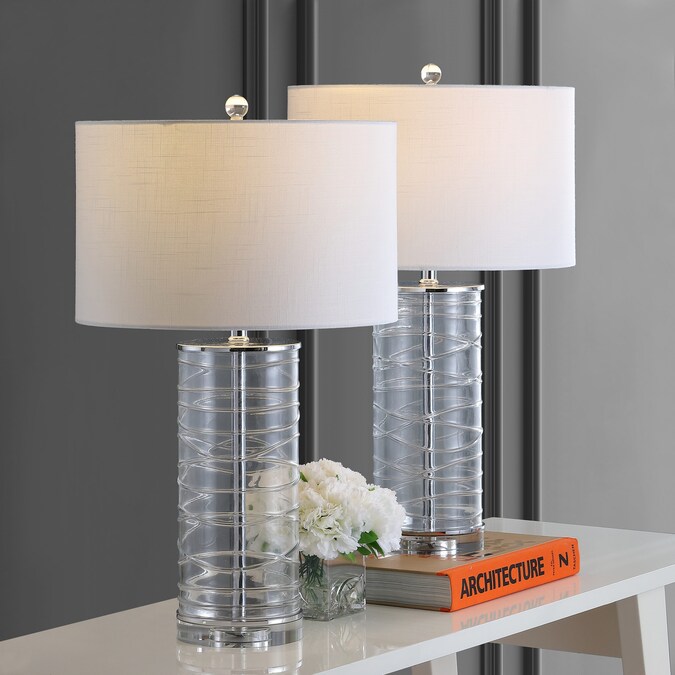JONATHAN  Y Cole Modern Fused Glass Cylinder Coastal Glam 27.5-in Clear Led, Rotary Socket Table Lamp with Linen Shade (Set of 2)