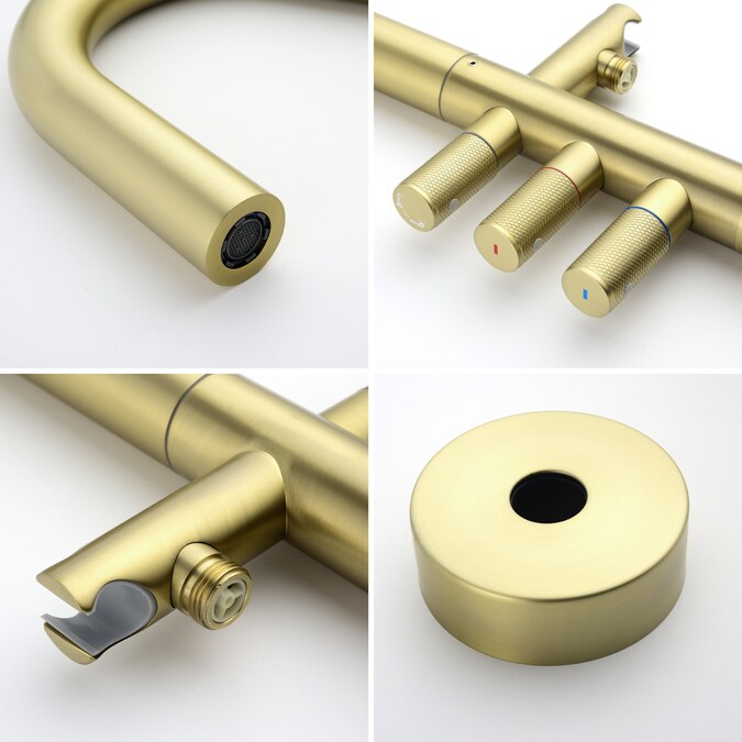 Clihome Brushed Gold 3-handle Freestanding Swivel Bathtub Faucet with Hand Shower (Valve Included) - Image 13