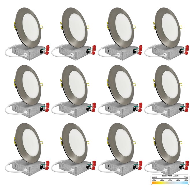 NUWATT Ultra Slim Airtight IC Brushed Nickel 4-in 630-Lumen Switchable Round Dimmable LED Canless Shower Recessed Downlight (12-Pack)