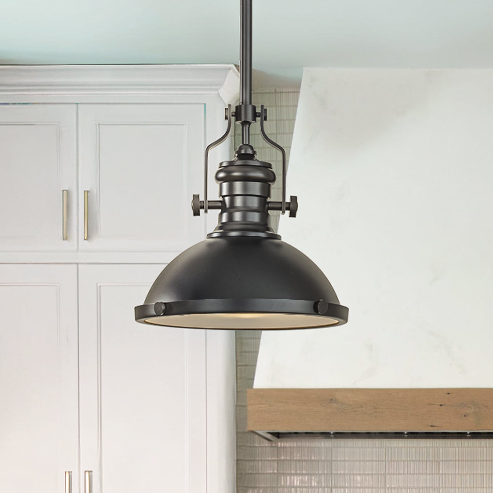 1 -Light Matte Black Industrial Frosted glass Dome Small Hanging Pendant light