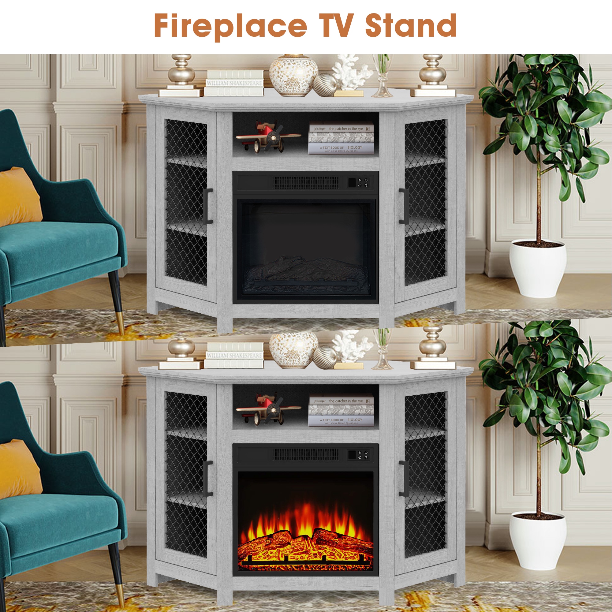 45-in W Gray TV Stand with LED Corner or flat wall Electric Fireplace with Remote Control Included - Image 6