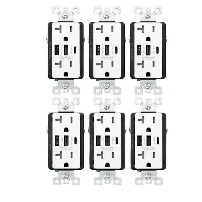 Utilitech 20-Amp 125-volt Tamper Resistant Residential Decorator USB Outlet Type A/C, White (6-Pack)