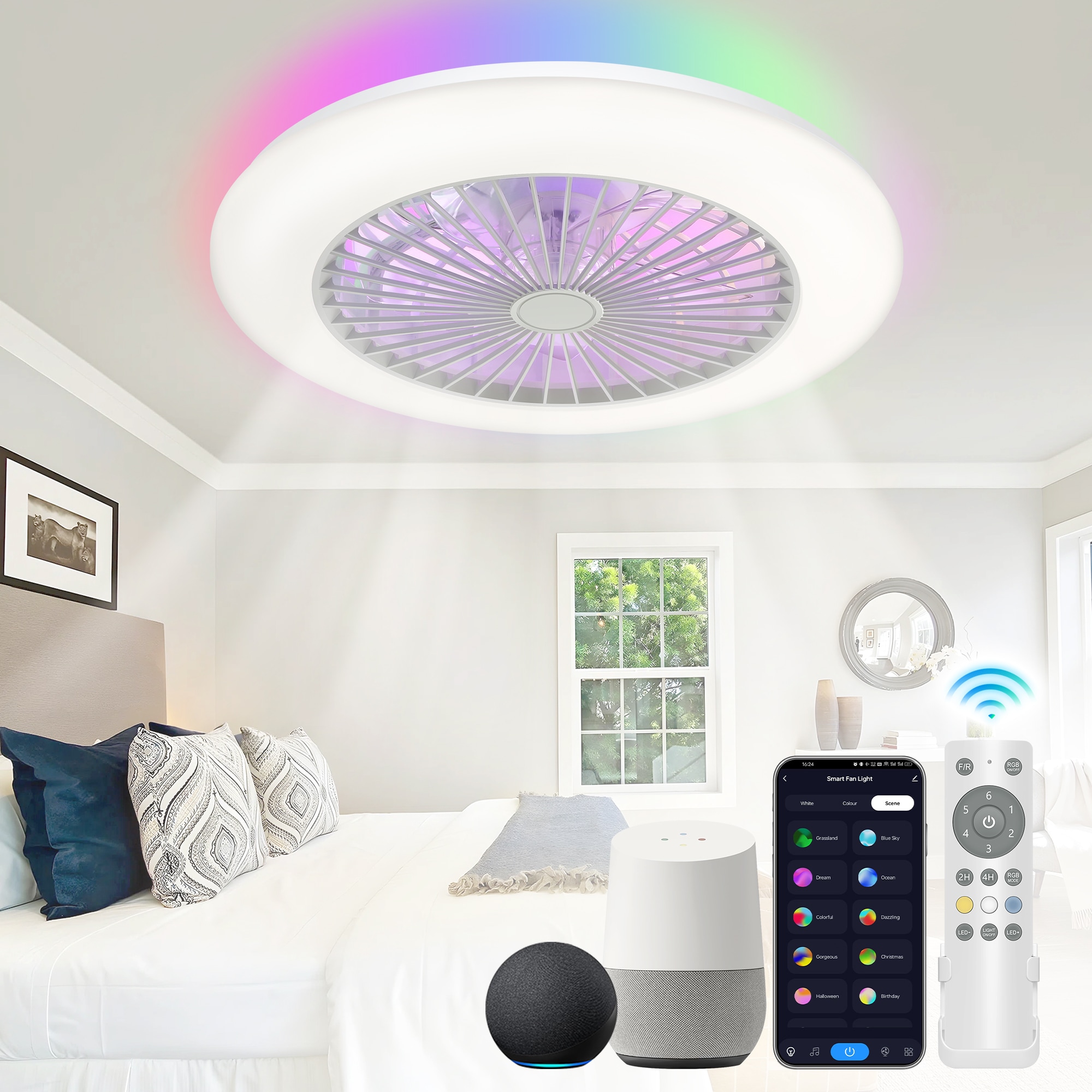 19-in Color-Changing Integrated LED Flush Mount Smart White with PC Blades Fandelier Ceiling Fan With Light - Remote Included ( 5 -Blade )