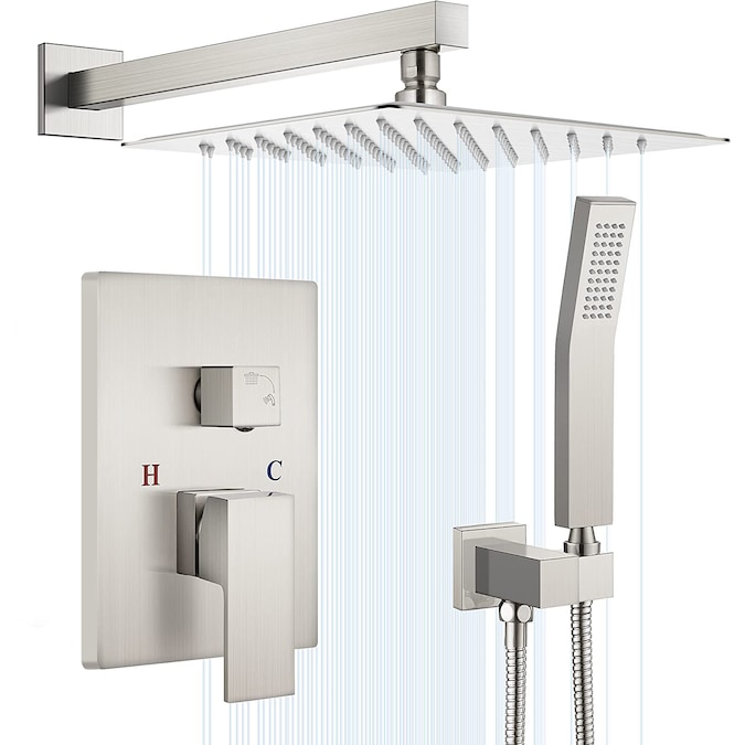 WELLFOR DT Rain Brushed Nickel 12-in Waterfall Dual Head Built-In Shower Faucet System with 2-way Diverter (Pressure-balanced Valve Included)