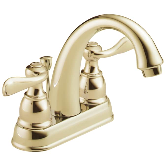Delta Windemere Polished Brass 4-in centerset 2-Handle WaterSense Bathroom Sink Faucet with Drain and Deck Plate