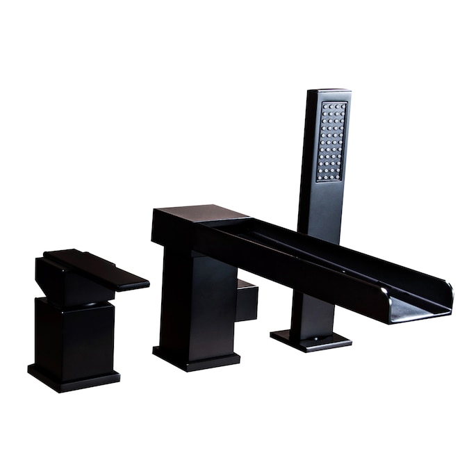WELLFOR Matte Black 1-handle Deck-mount Roman Waterfall Bathtub Faucet with Hand Shower (Valve Included)