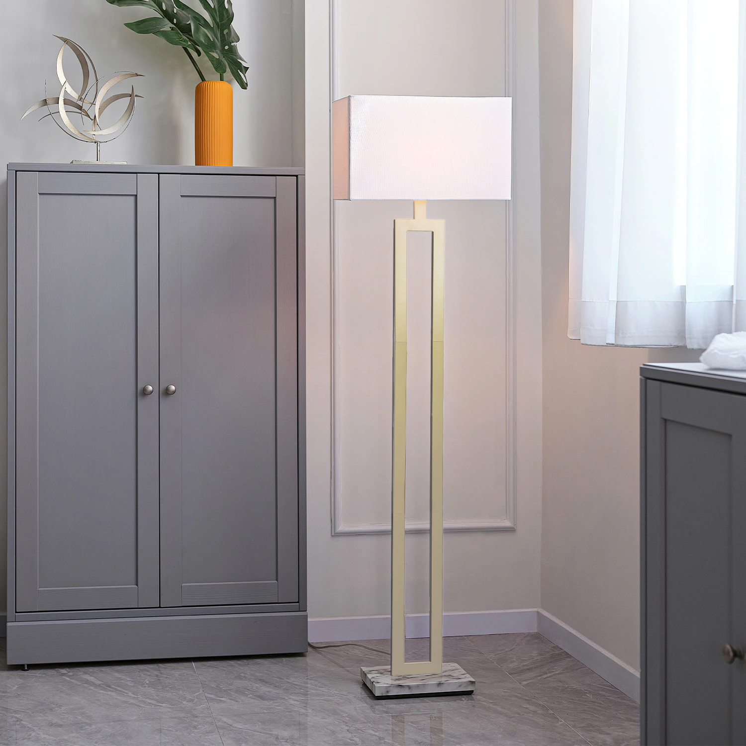 58-in Gold Standard Floor Lamp with Linen Shade