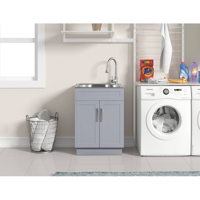 Style Selections 21.4-in x 24.1-in 1-Basin Light Gray Freestanding Utility Tub with Cabinet, Drain, and Faucet - Image 3