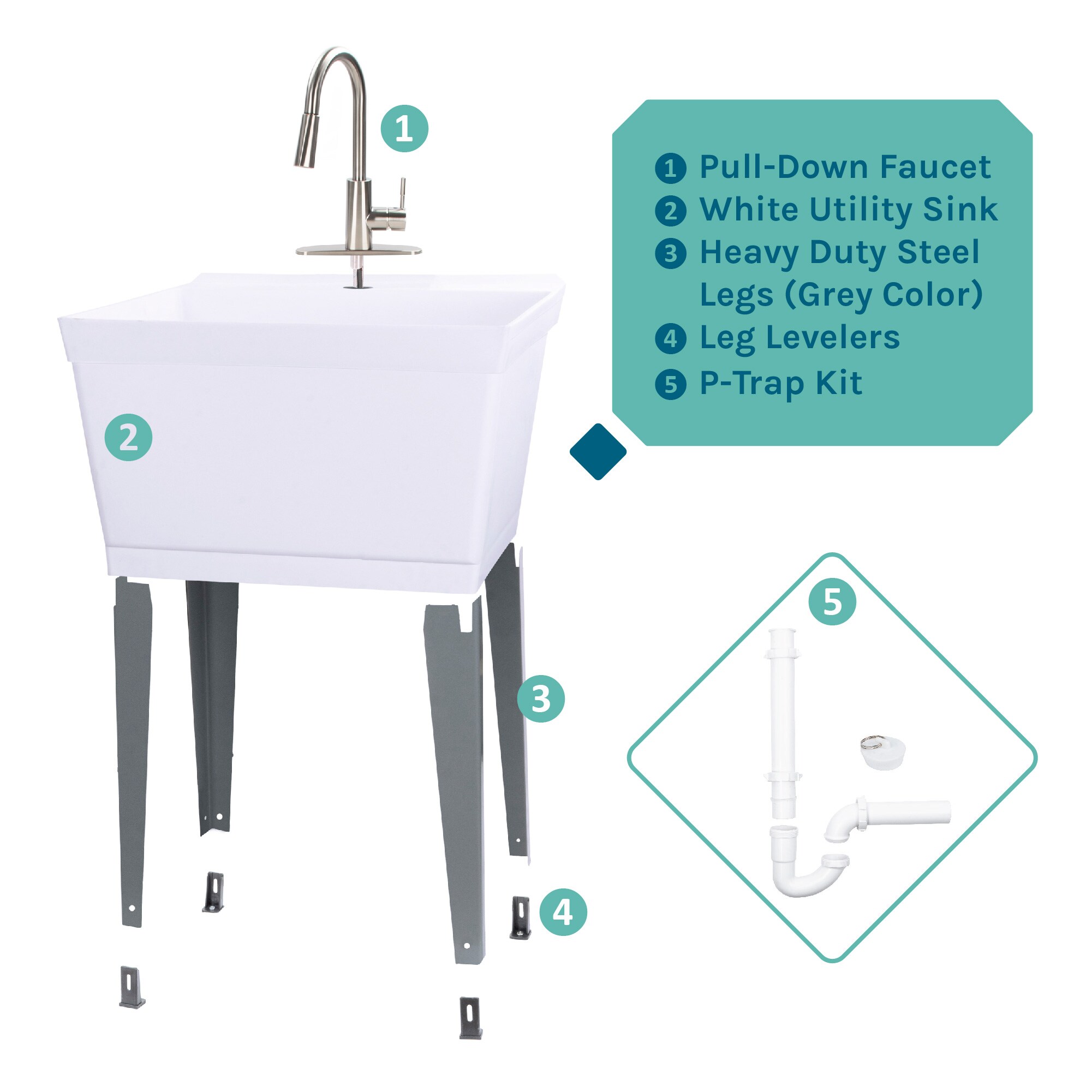 22.875-in x 23.5-in 1 -Basin White Freestanding Utility tub with Drain with Faucet - Image 8