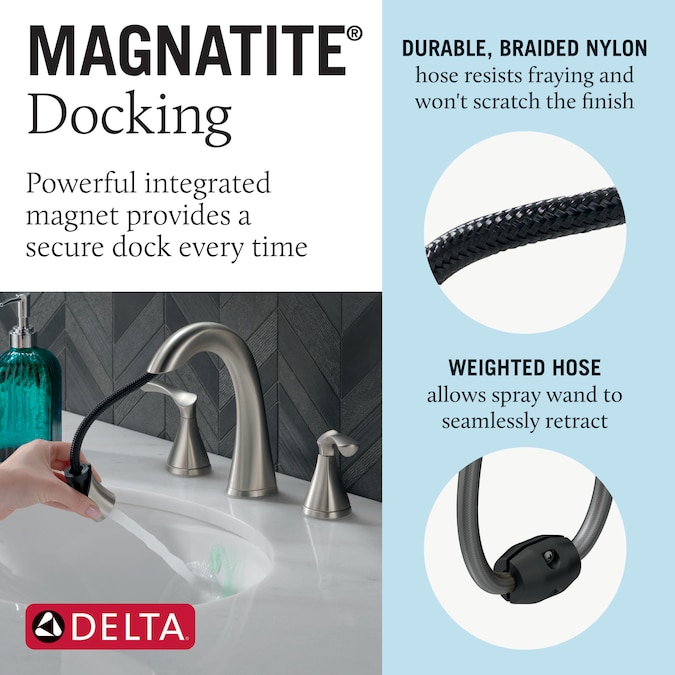 Delta Sandover Pulldown Spotshield Brushed Nickel Widespread 2-Handle WaterSense Pull-down Bathroom Sink Faucet with Drain - Image 4
