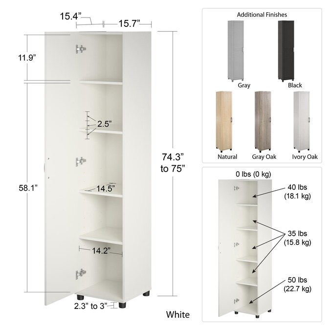 Ameriwood Home Callahan 15.67-in W x 74.29-in H x 15.39-in D Freestanding Composite Wood Garage Cabinet in White - Image 8