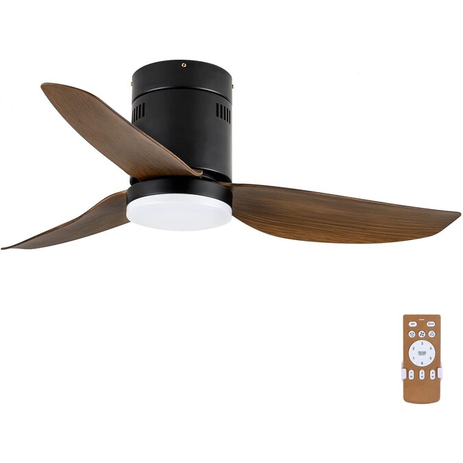 GZMR LED Indoor Ceiling Fan 40-in Brown with Wood Blades LED Indoor Flush Mount Ceiling Fan with Light and Remote (3-Blade)