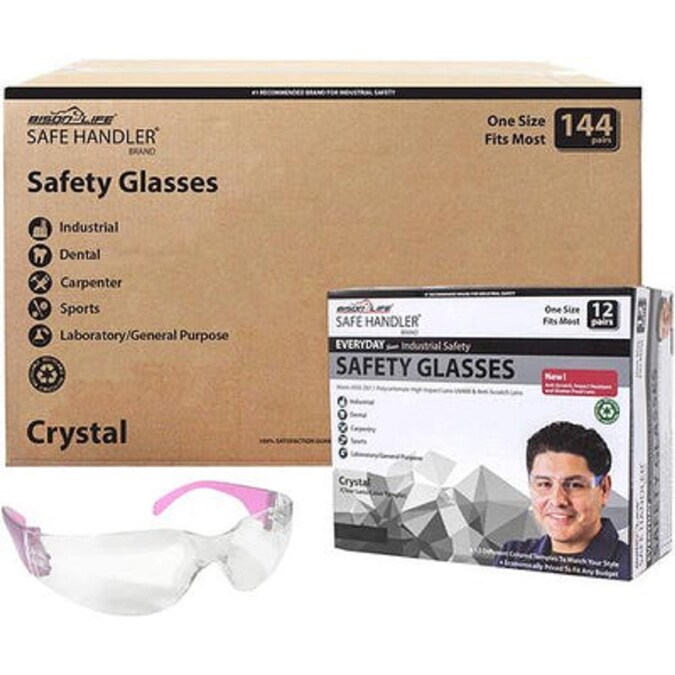 Safe Handler 144-Pack, Crystal Clear Lens Pink Temple Polycarbonate Safety Glasses