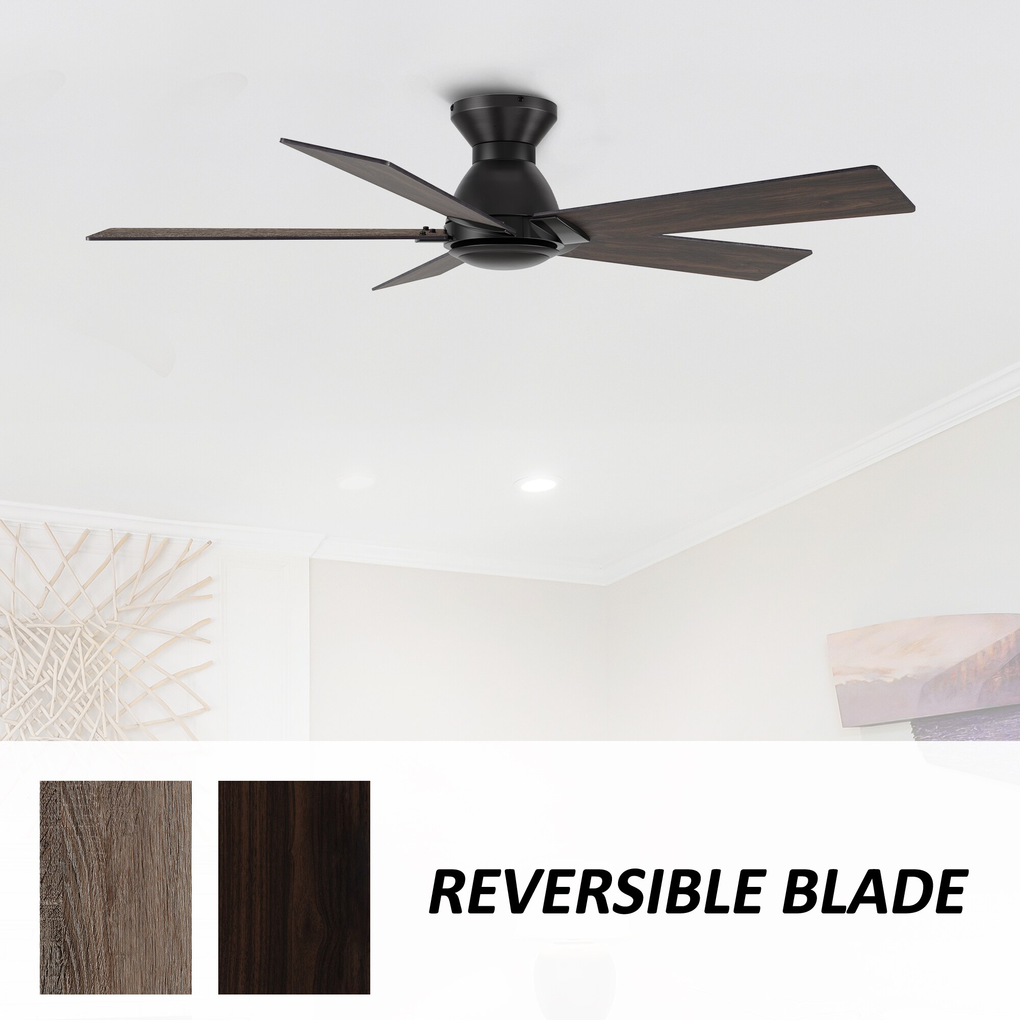 Vetric 52-in Flush Mount Black with Wooden/Walnut Blades Ceiling Fan Without Light - Remote Included ( 5 -Blade ) - Image 7