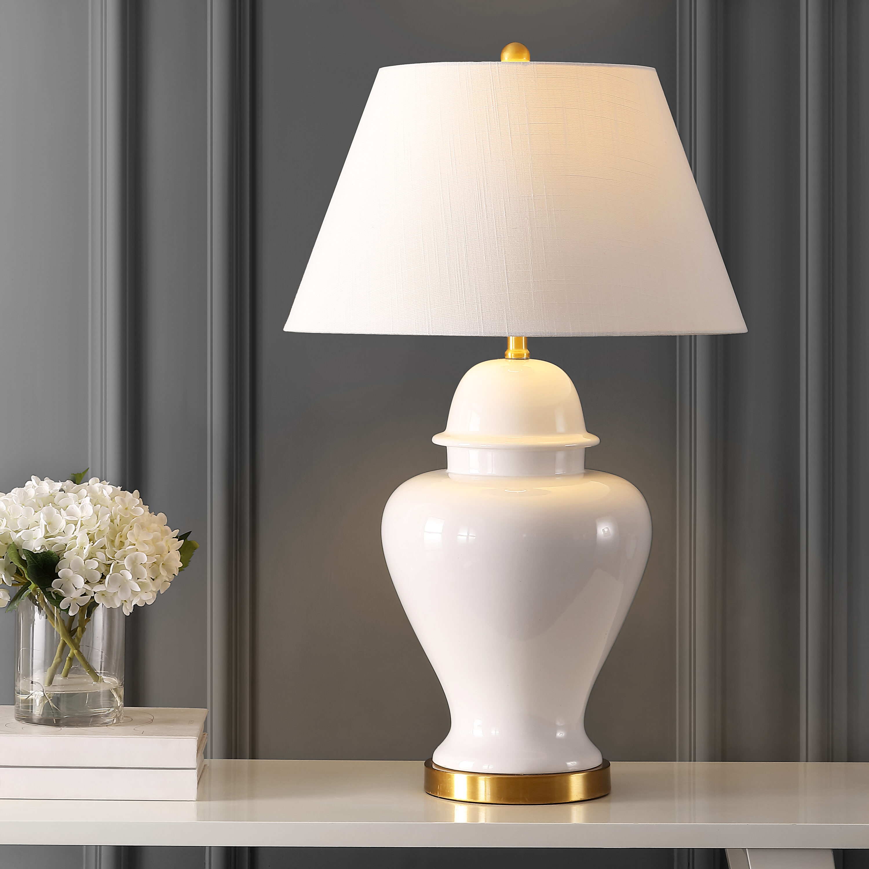 Sagwa Chinoiserie Modern Classic Ceramic/Iron Ginger Jar 33-in White LED Rotary socket Table Lamp with Linen Shade
