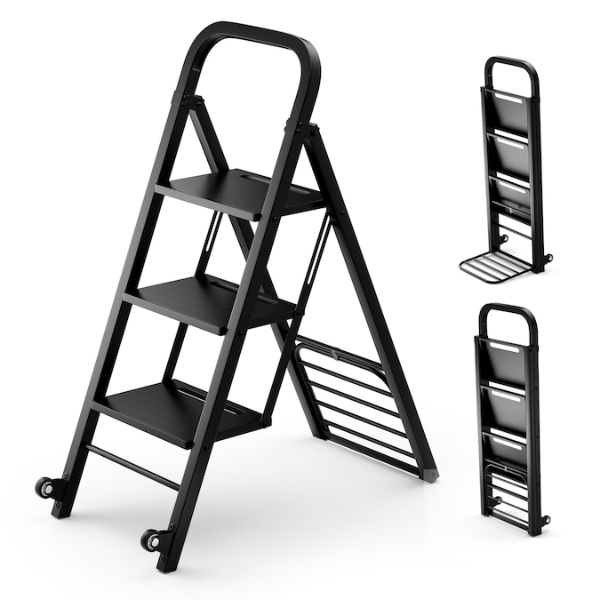 WELLFOR 3-Step 440-lb Capacity Black Steel Foldable Step Stool