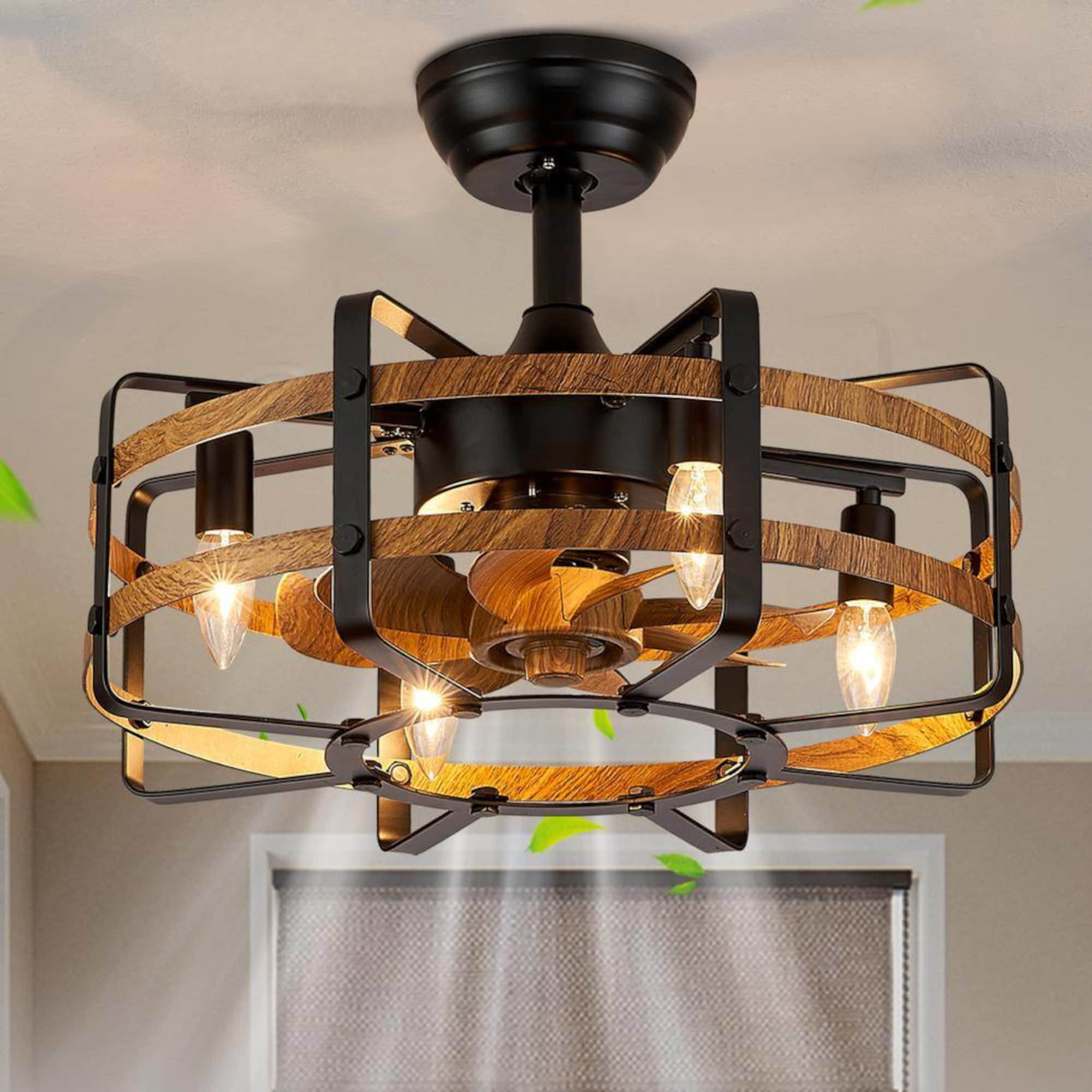 20-in Wood Grain Black Caged with Wood grain Blades Fandelier Ceiling Fan With Light - Remote Included ( 8 -Blade )