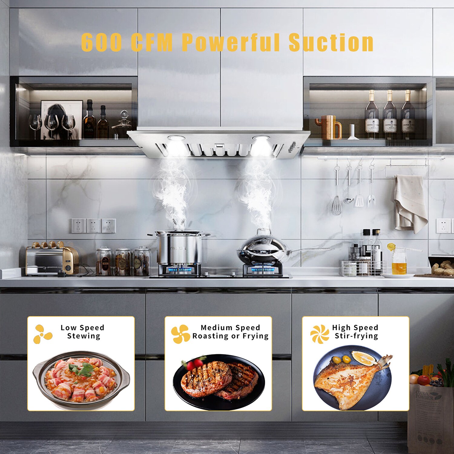 20 inch Convertible 600-CFM Brushed Stainless Steel Insert Under Cabinet Range Hood with Charcoal Filter - Image 4