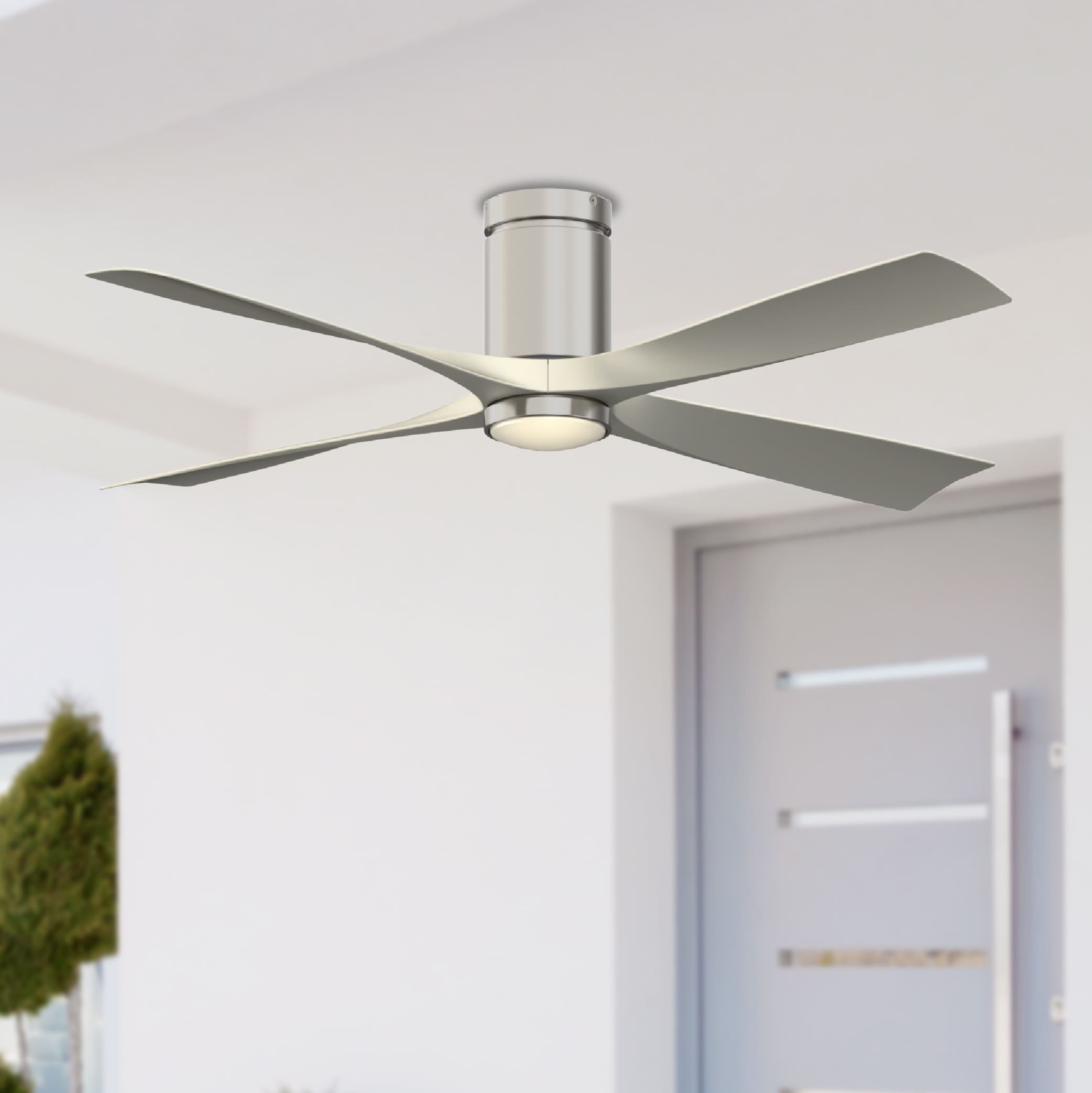 AireFlush 52-in Color-Changing Integrated LED Outdoor Flush Mount Brushed Nickel with Gray Blades Ceiling Fan With Light - Remote Included ( 4 -Blade )