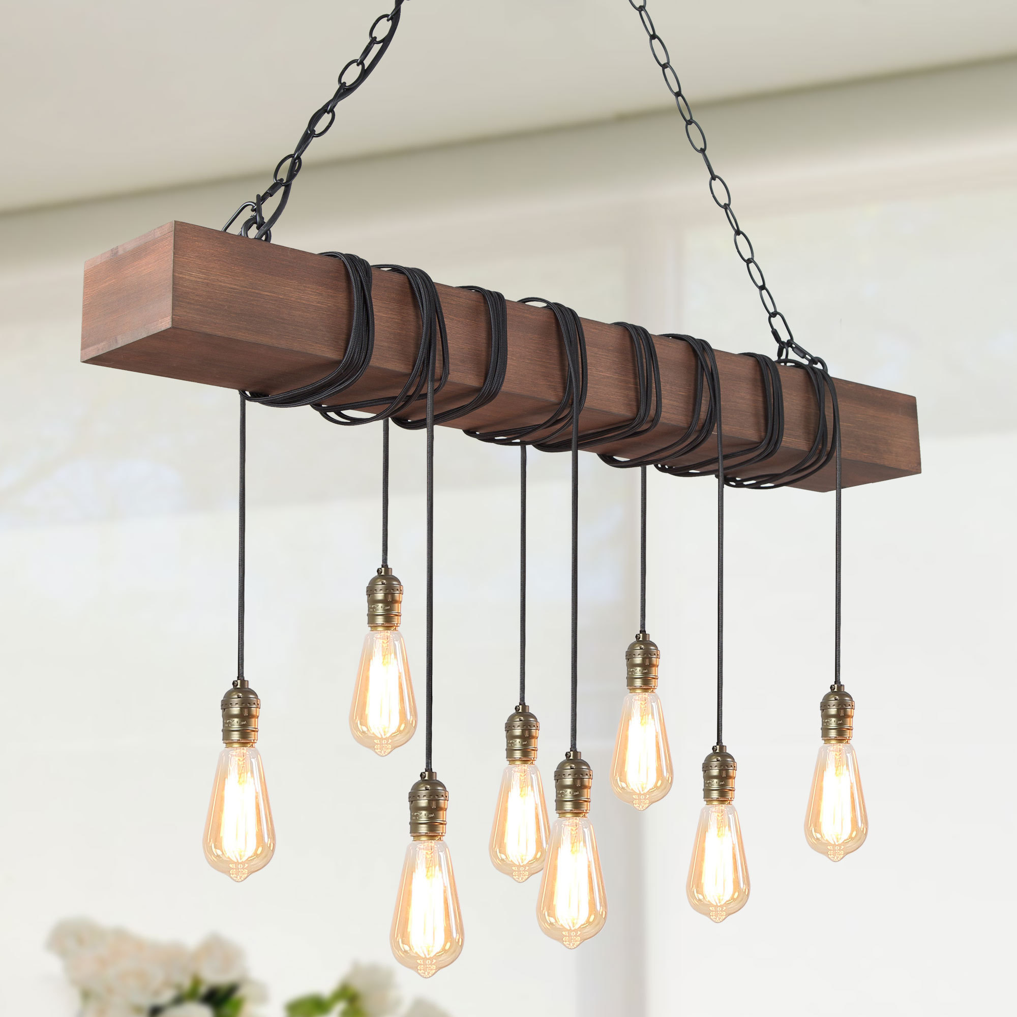 Laius 8 -Light Distressed Brown Farmhouse Linear Large Hanging Kitchen island light