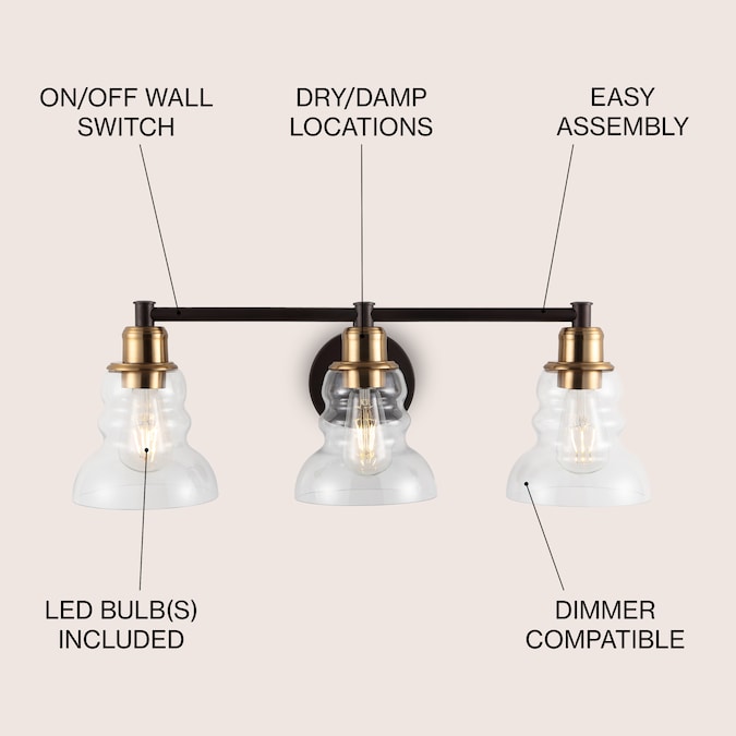 JONATHAN Y Manhattan Vintage Metal/Glass Industrial Rustic 25.5-in 3-Light Satin Gold LED Farmhouse Vanity Light - Image 4