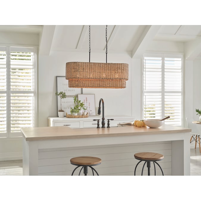 allen + roth Adara 4-Light Matte Black Canopy with Natural Rattan Shade Farmhouse Linear Large Hanging Pendant Light