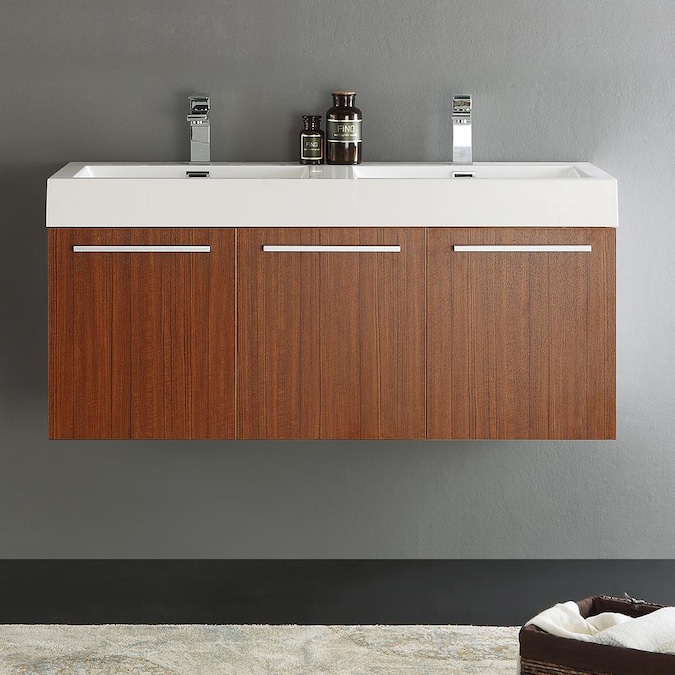 Fresca Vista 48-in Teak Double Sink Floating Bathroom Vanity with White Acrylic Top