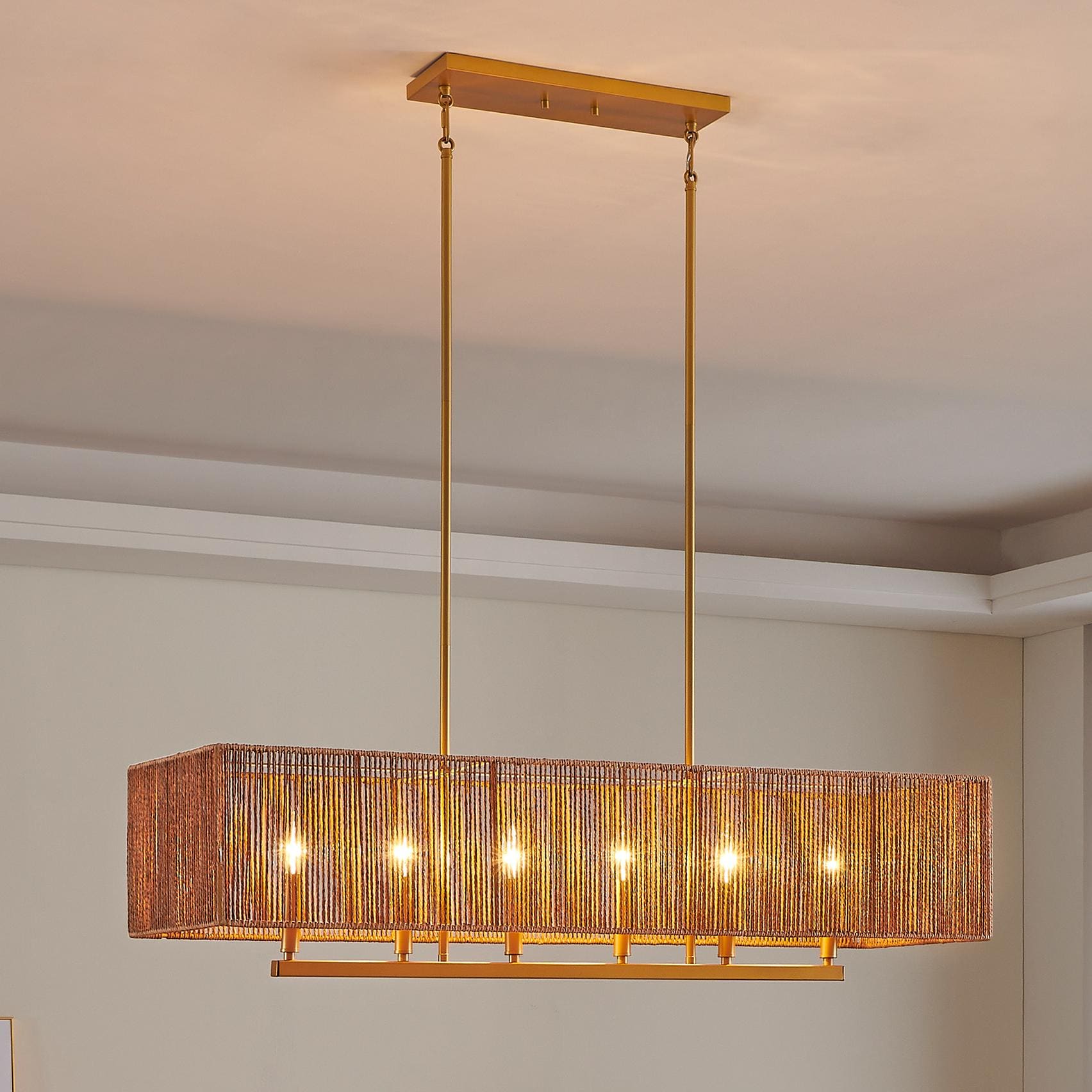 Luceo 6 -Light Painted Gold with Rattan Shade Rustic Linear Large Hanging Kitchen island light
