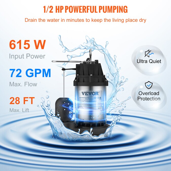 VEVOR 1/2-HP 120-Volt 72-GPM Stainless Steel Submersible Sump Pump - Image 3