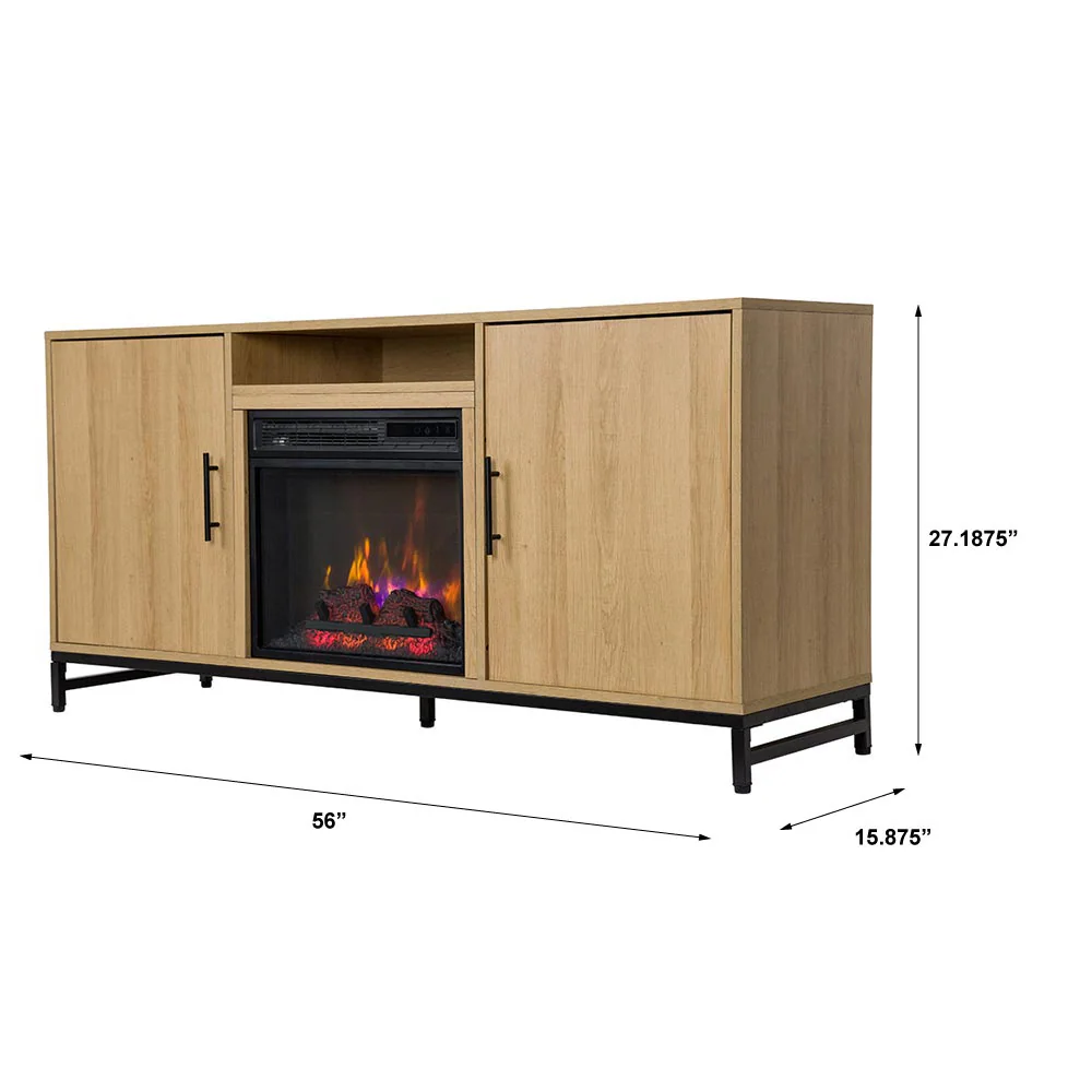 56-Inches W White Oak TV Stand with Infrared quartz Flat wall Electric Fireplace with Remote Control Included - Image 7