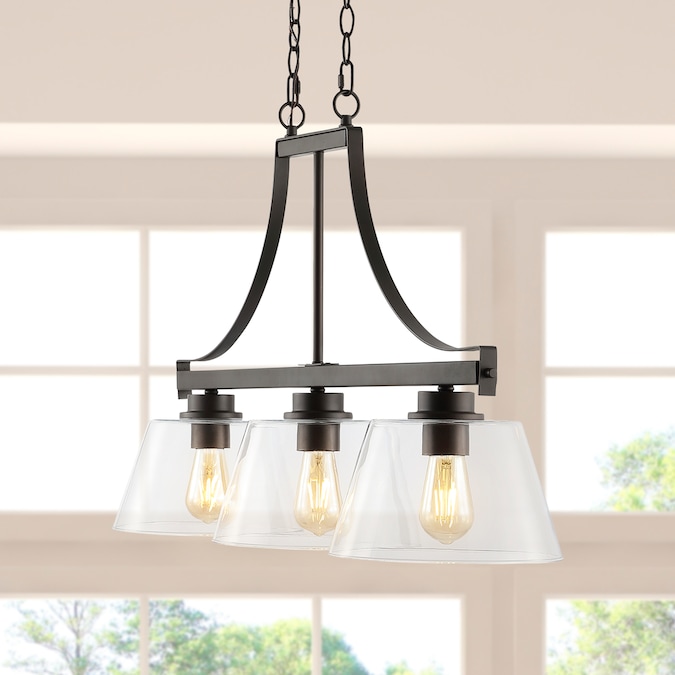 JONATHAN  Y Jayden 36" Iron/Glass Industrial Rustic 3-Light Oil Rubbed Bronze Farmhouse Clear Glass Linear LED Large Hanging Kitchen Island Light