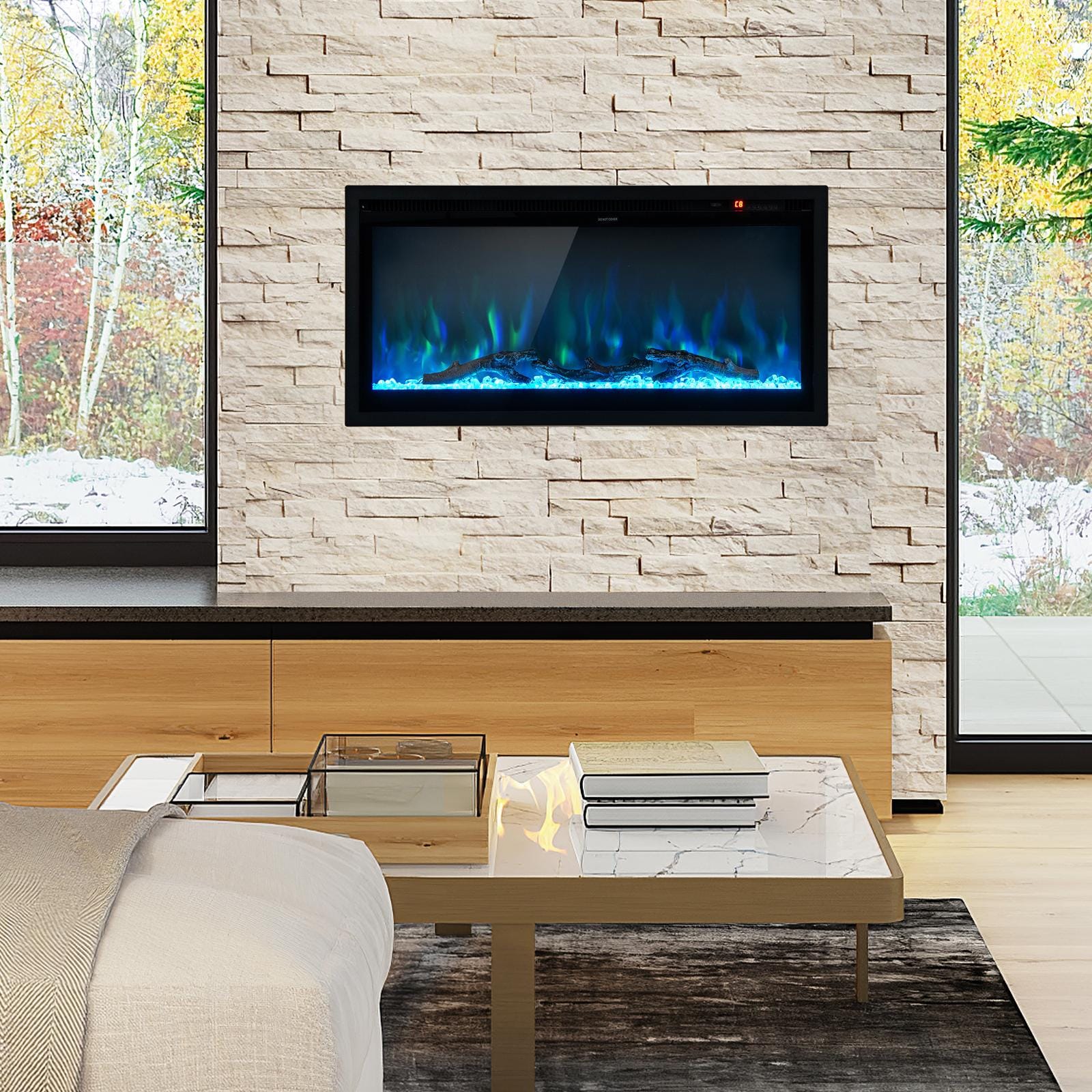 36-Inches W Black Wall mount Fan-forced Wall-mount Electric Fireplace with Remote Control Included - Image 8