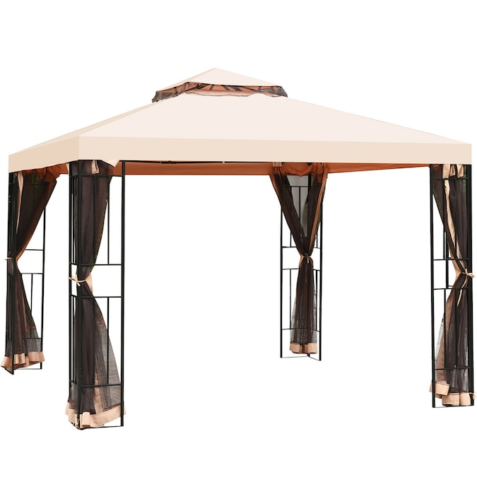 Forclover 10-ft x 10-ft Gazebo Rectangle Light Brown Metal Polyester Roof Semi-permanent Gazebo with Screen Included