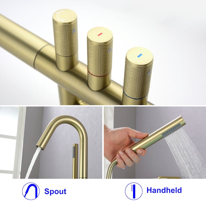 Clihome Brushed Gold 3-handle Freestanding Swivel Bathtub Faucet with Hand Shower (Valve Included) - Image 11