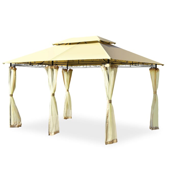 Forclover 13-ft x 10-ft Patio Double-Layer Roof Canopy Gazebo Rectangle Beige Metal Polyester Roof Semi-permanent Gazebo with Screen Included
