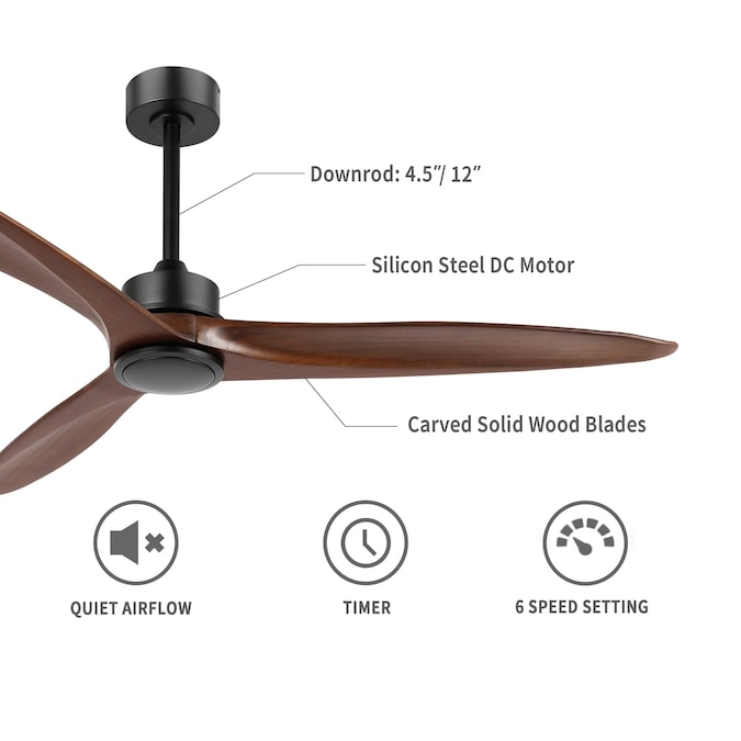 GETLEDEL 60-in Black with Walnut Blades Indoor Propeller Ceiling Fan and Remote (3-Blade) - Image 6