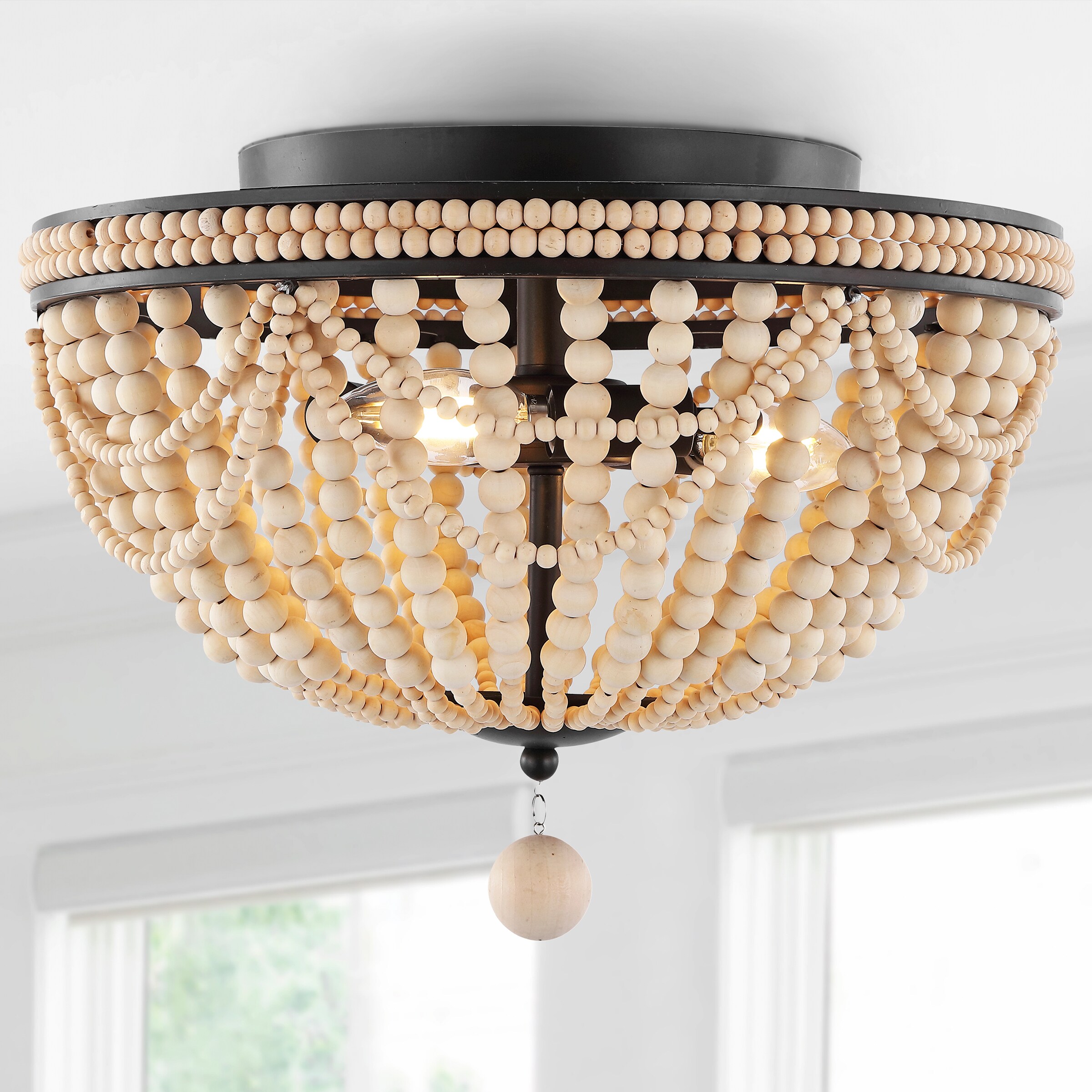 Dune Wood Bead 15.25" Iron Farmhouse Transitional 1 -Light 15.25-in Oil rubbed Black Semi Flush Mount Light