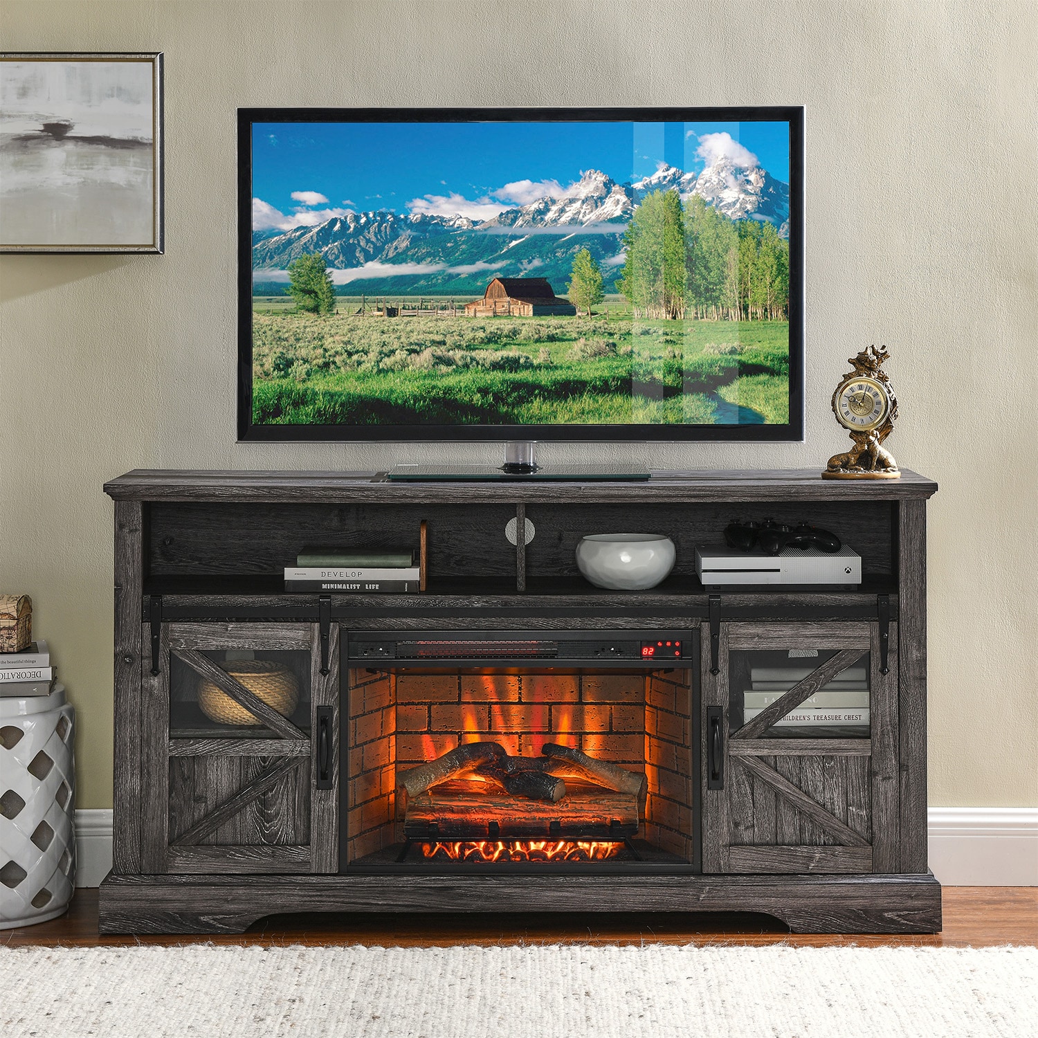 60-Inches W Dark Oak TV Stand with Infrared quartz Flat wall Electric Fireplace with Remote Control Included