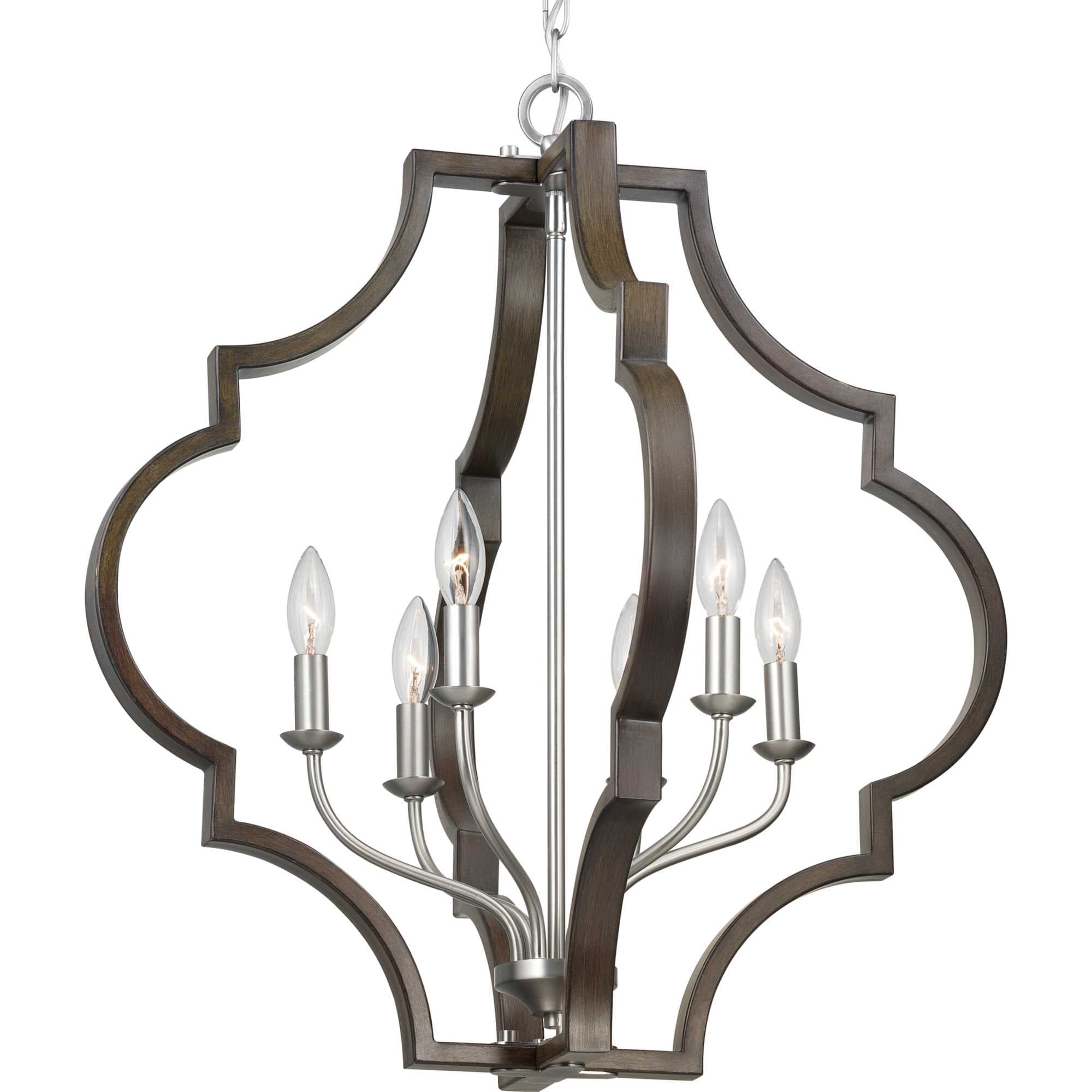 Teigen 6 -Light Satin Nickel and Teak Wood Farmhouse Geometric Large Hanging Pendant light