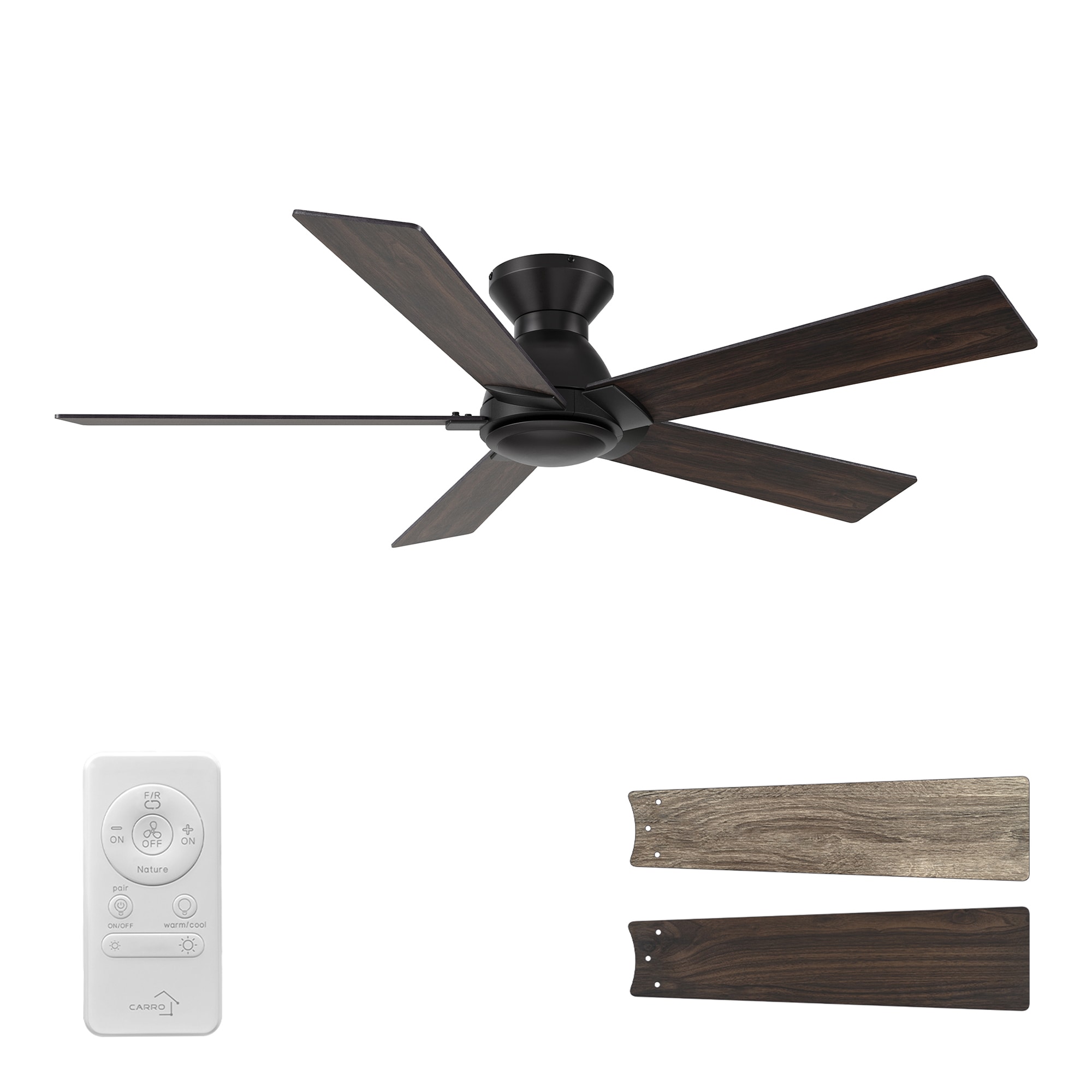 Vetric 52-in Flush Mount Black with Wooden/Walnut Blades Ceiling Fan Without Light - Remote Included ( 5 -Blade )